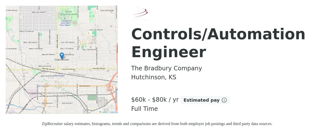 The Bradbury Company job posting for a Controls/Automation Engineer in Hutchinson, KS with a salary of $60,000 to $80,000 Yearly with a map of Hutchinson location.