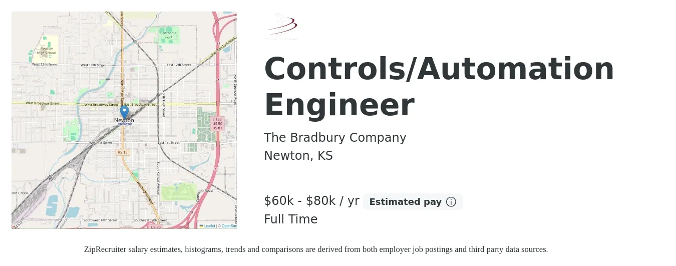 The Bradbury Company job posting for a Controls/Automation Engineer in Newton, KS with a salary of $60,000 to $80,000 Yearly with a map of Newton location.