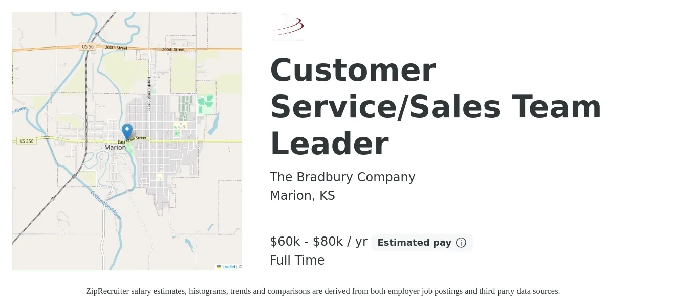 The Bradbury Company job posting for a Customer Service/Sales Team Leader in Marion, KS with a salary of $60,000 to $80,000 Yearly with a map of Marion location.