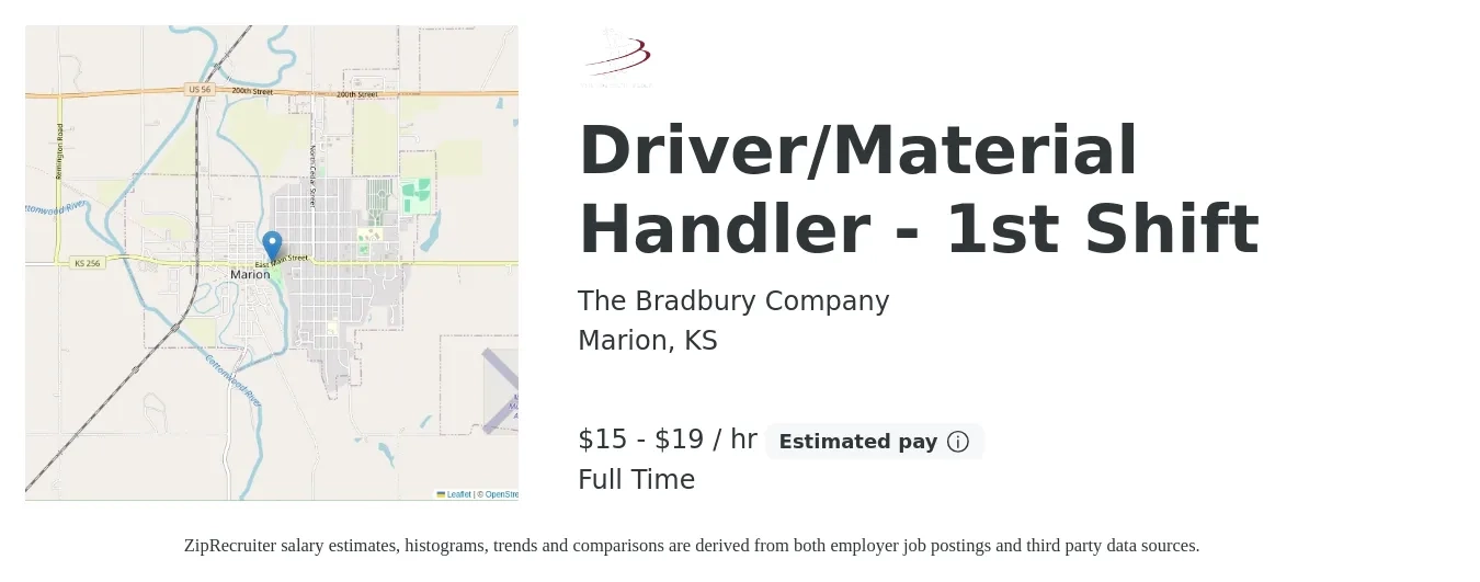 The Bradbury Company job posting for a Driver/Material Handler - 1st Shift in Marion, KS with a salary of $16 to $20 Hourly with a map of Marion location.