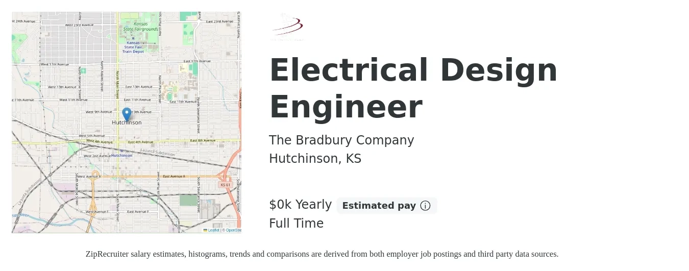 The Bradbury Company job posting for a Electrical Design Engineer in Hutchinson, KS with a salary of $25 to $32 Yearly with a map of Hutchinson location.