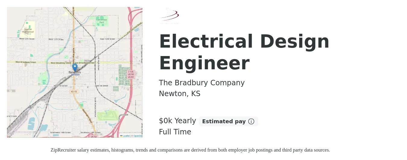 The Bradbury Company job posting for a Electrical Design Engineer in Newton, KS with a salary of $25 to $32 Yearly with a map of Newton location.
