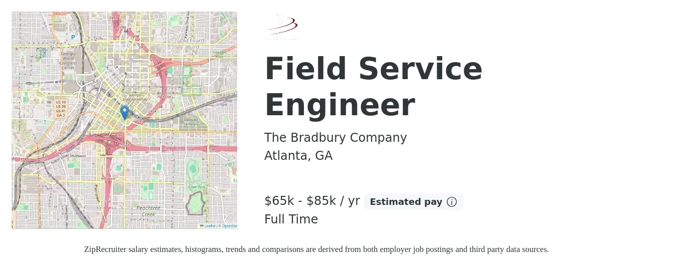The Bradbury Company job posting for a Field Service Engineer in Atlanta, GA with a salary of $65,000 to $85,000 Yearly with a map of Atlanta location.