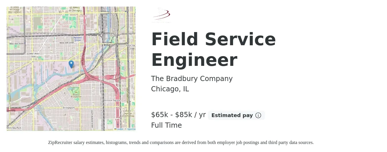 The Bradbury Company job posting for a Field Service Engineer in Chicago, IL with a salary of $65,000 to $85,000 Yearly with a map of Chicago location.