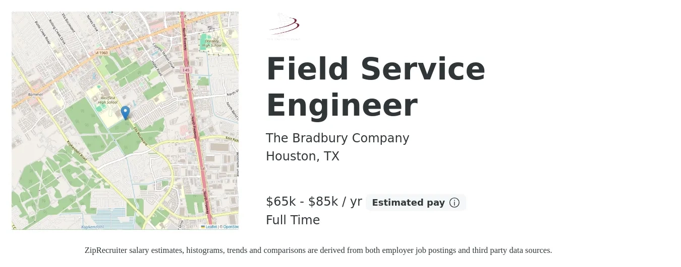 The Bradbury Company job posting for a Field Service Engineer in Houston, TX with a salary of $65,000 to $85,000 Yearly with a map of Houston location.