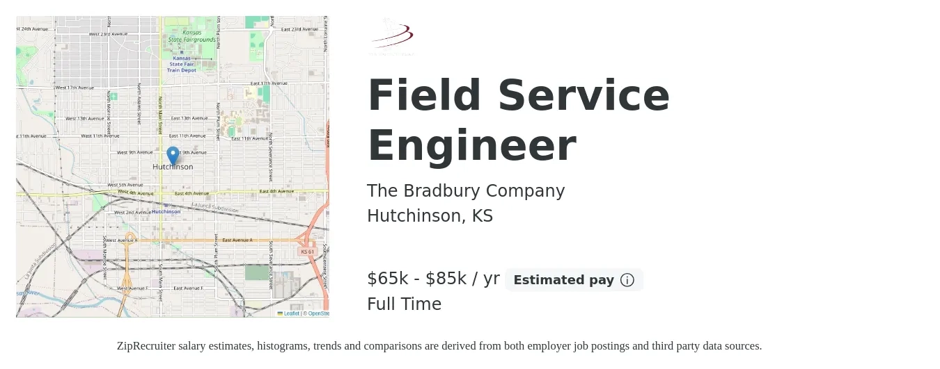 The Bradbury Company job posting for a Field Service Engineer in Hutchinson, KS with a salary of $65,000 to $85,000 Yearly with a map of Hutchinson location.