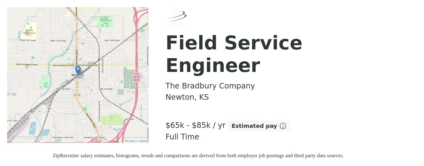 The Bradbury Company job posting for a Field Service Engineer in Newton, KS with a salary of $65,000 to $85,000 Yearly with a map of Newton location.