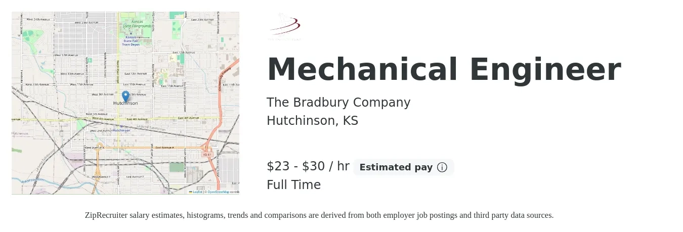 The Bradbury Company job posting for a Mechanical Engineer in Hutchinson, KS with a salary of $24 to $32 Hourly with a map of Hutchinson location.