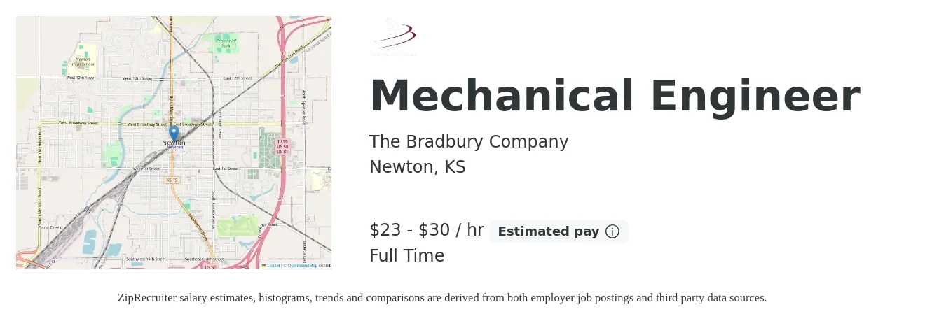 The Bradbury Company job posting for a Mechanical Engineer in Newton, KS with a salary of $24 to $32 Hourly with a map of Newton location.