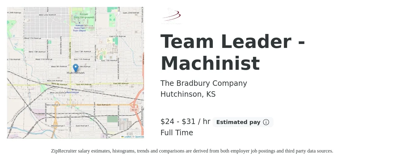 The Bradbury Company job posting for a Team Leader - Machinist in Hutchinson, KS with a salary of $25 to $33 Hourly with a map of Hutchinson location.