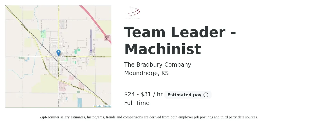 The Bradbury Company job posting for a Team Leader - Machinist in Moundridge, KS with a salary of $25 to $33 Hourly with a map of Moundridge location.