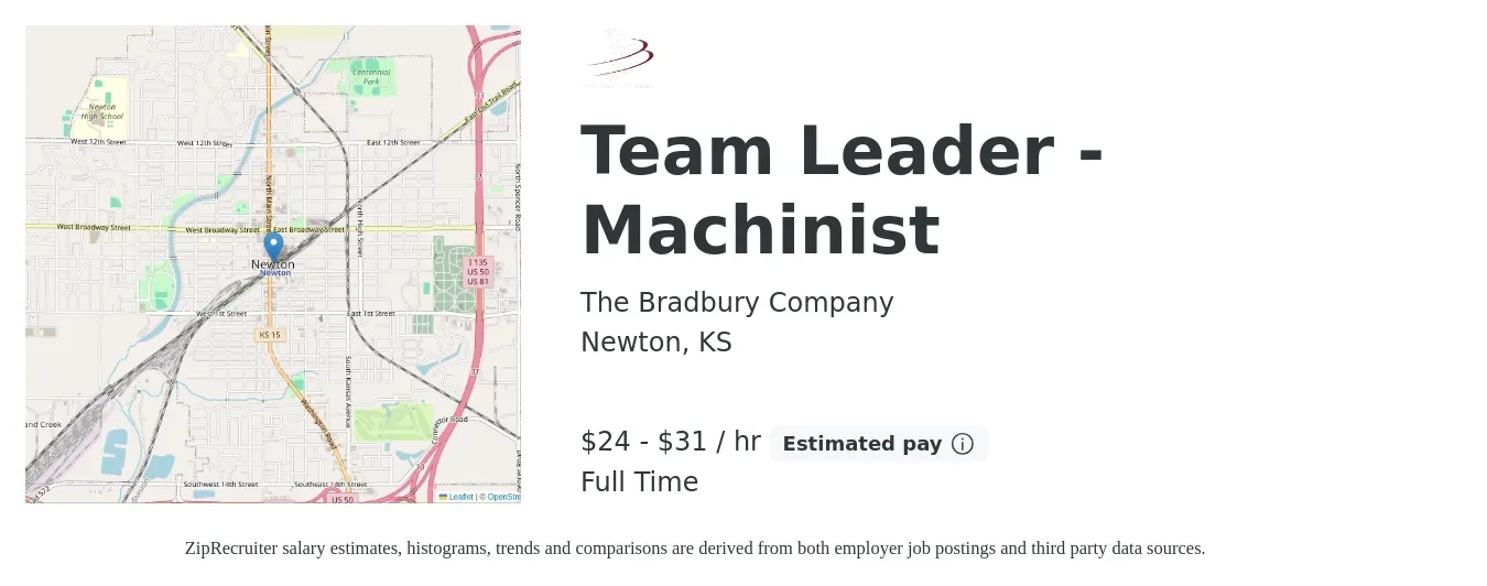 The Bradbury Company job posting for a Team Leader - Machinist in Newton, KS with a salary of $25 to $33 Hourly with a map of Newton location.