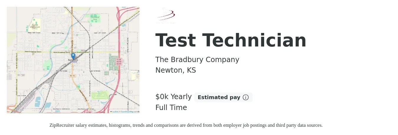 The Bradbury Company job posting for a Test Technician in Newton, KS with a salary of $24 to $28 Yearly with a map of Newton location.