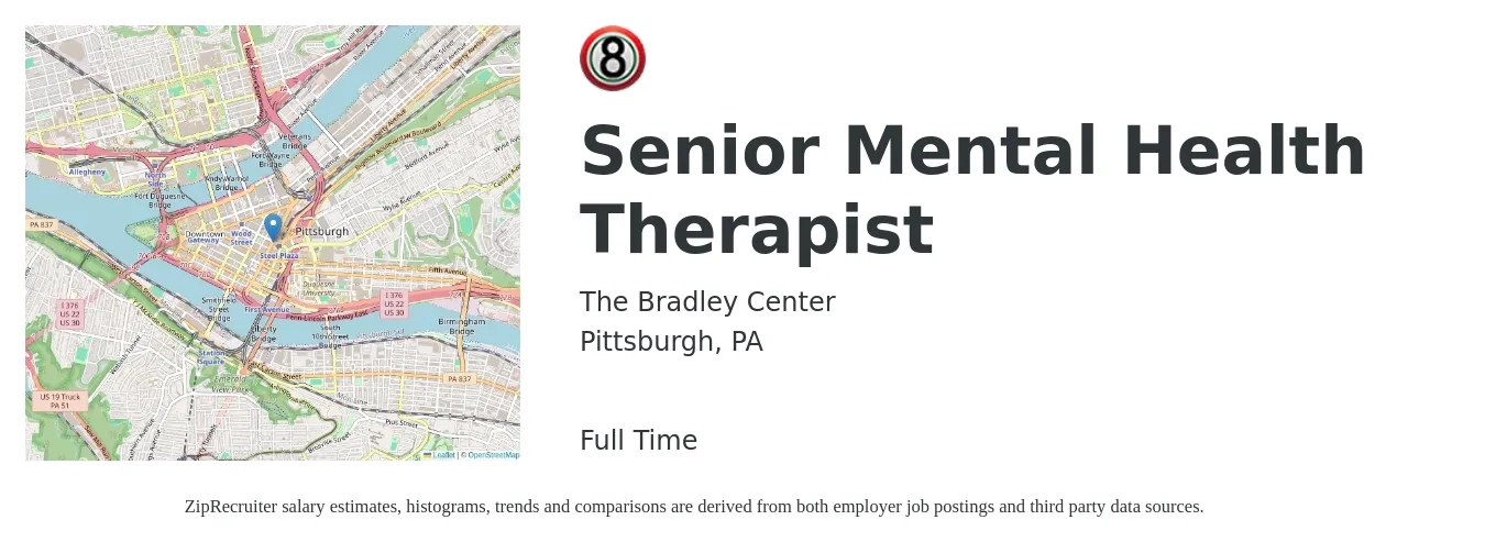 The Bradley Center job posting for a Senior Mental Health Therapist in Pittsburgh, PA with a salary of $60,200 to $77,700 Yearly with a map of Pittsburgh location.