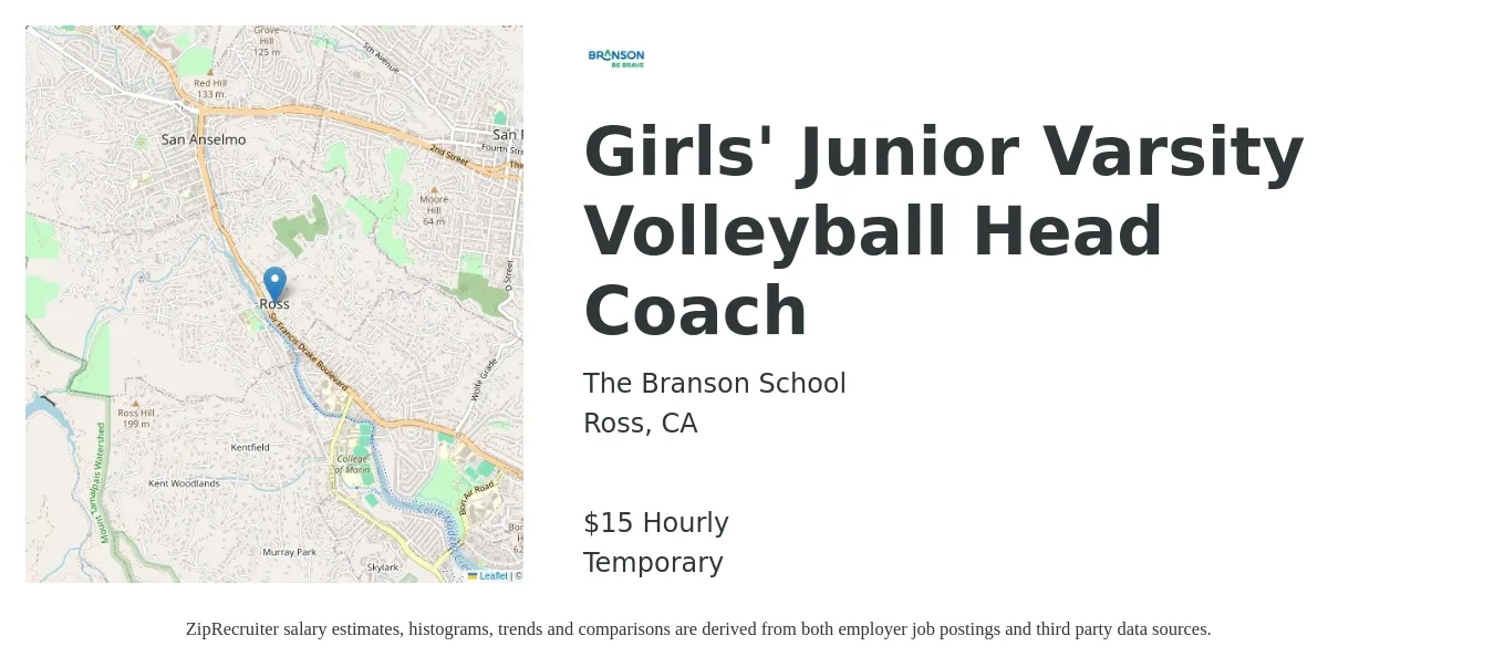 The Branson School job posting for a Girls' Junior Varsity Volleyball Head Coach in Ross, CA with a salary of $16 Hourly with a map of Ross location.