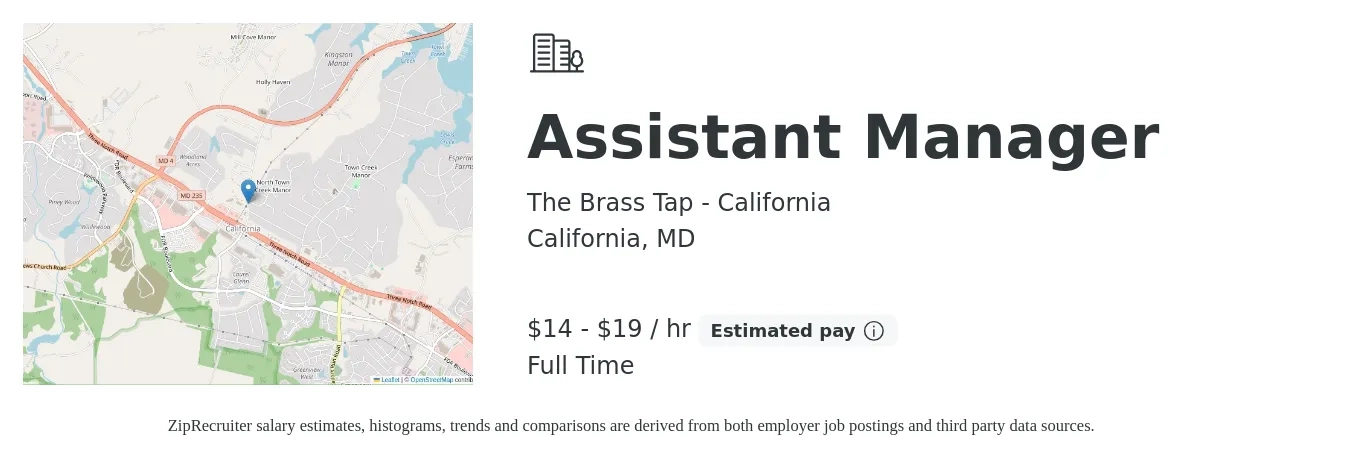 The Brass Tap - California job posting for a Assistant Manager in California, MD with a salary of $20 to $25 Hourly with a map of California location.