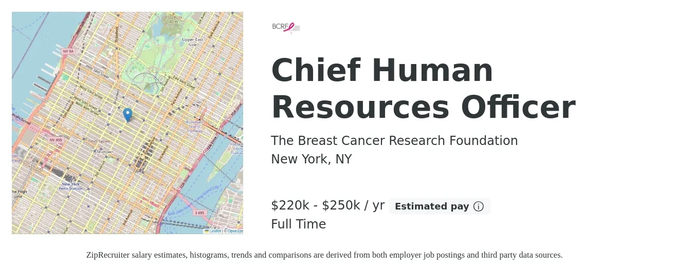 The Breast Cancer Research Foundation job posting for a Chief Human Resources Officer in New York, NY with a salary of $220,000 to $250,000 Yearly with a map of New York location.