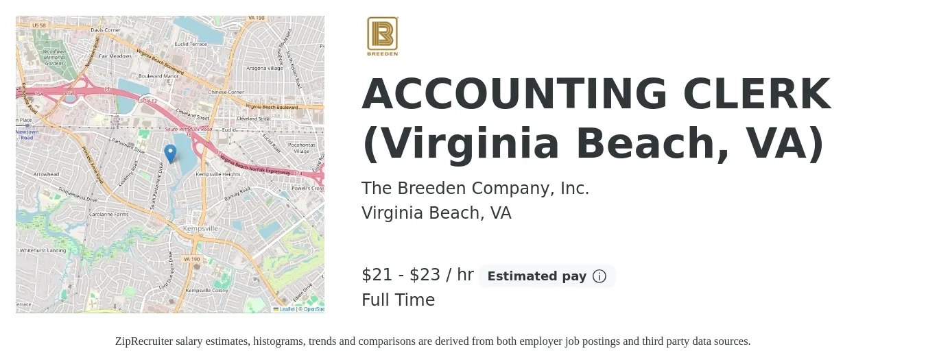 The Breeden Company, Inc. job posting for a ACCOUNTING CLERK (Virginia Beach, VA) in Virginia Beach, VA with a salary of $22 to $24 Hourly with a map of Virginia Beach location.