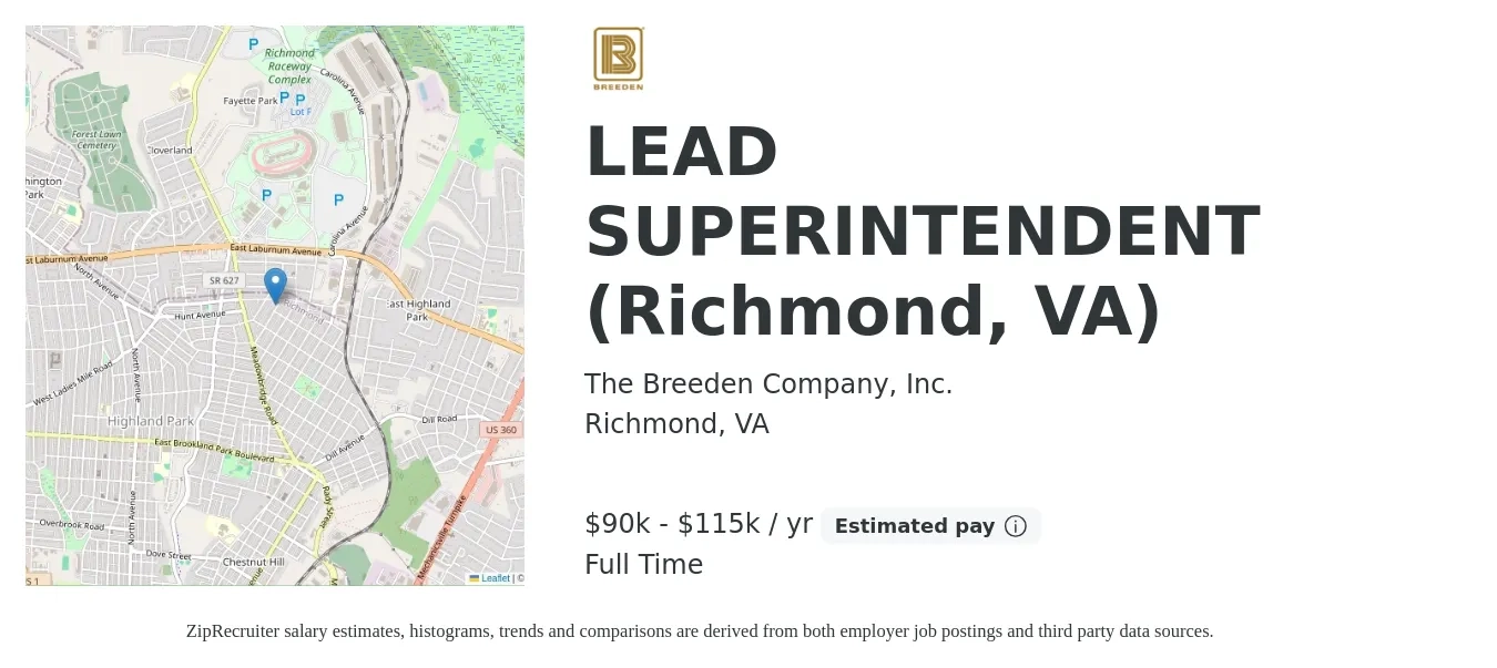 The Breeden Company, Inc. job posting for a LEAD SUPERINTENDENT (Richmond, VA) in Richmond, VA with a salary of $90,000 to $115,000 Yearly with a map of Richmond location.