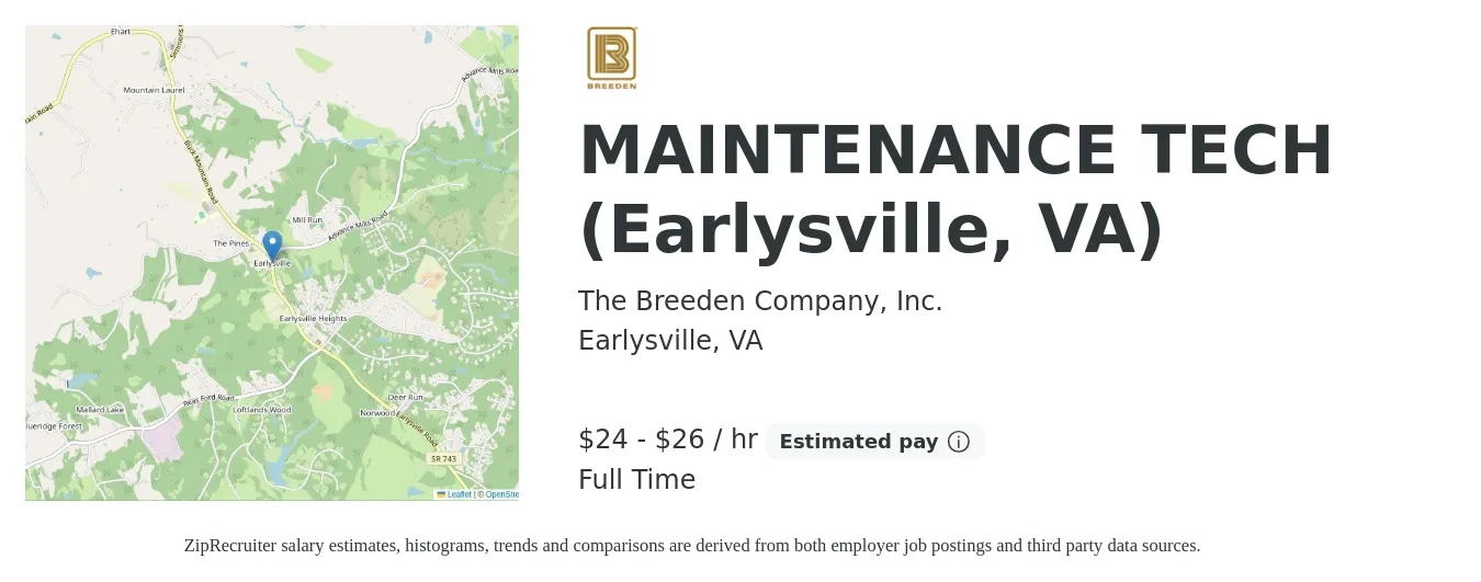 The Breeden Company, Inc. job posting for a MAINTENANCE TECH (Earlysville, VA) in Earlysville, VA with a salary of $25 to $28 Hourly with a map of Earlysville location.