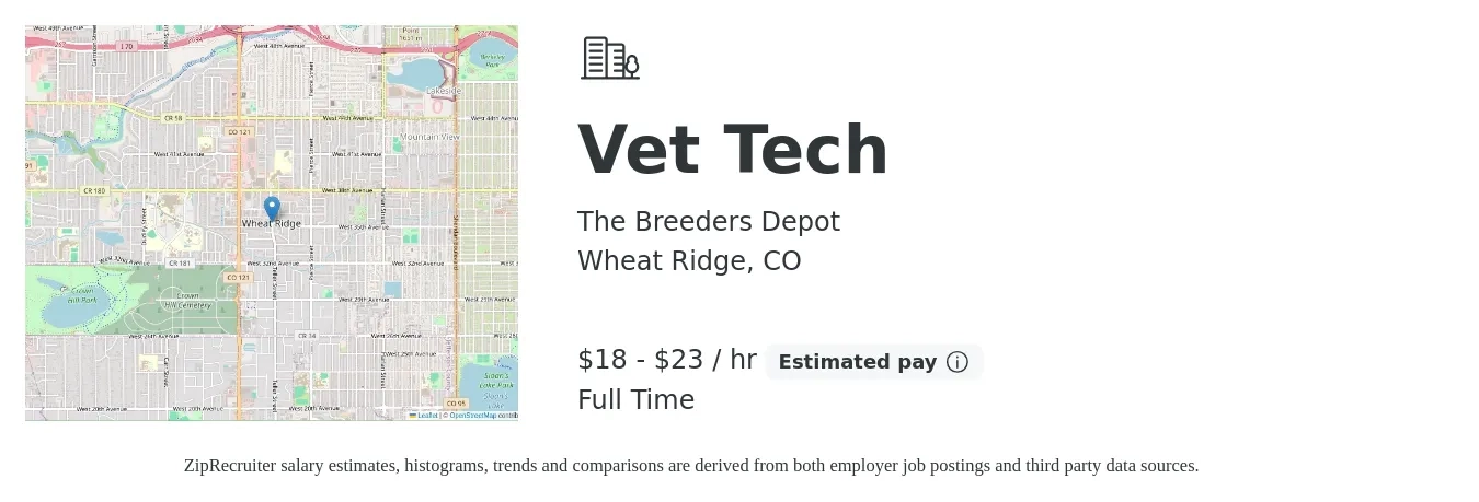 The Breeders Depot job posting for a Vet Tech in Wheat Ridge, CO with a salary of $19 to $24 Hourly with a map of Wheat Ridge location.