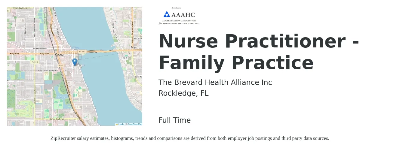 The Brevard Health Alliance Inc job posting for a Nurse Practitioner - Family Practice in Rockledge, FL with a salary of $97,800 to $123,900 Yearly with a map of Rockledge location.