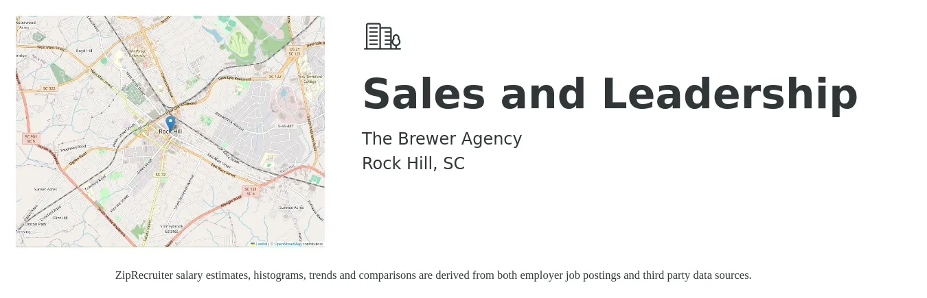 The Brewer Agency job posting for a Sales and Leadership in Rock Hill, SC with a salary of $44,400 to $77,200 Yearly with a map of Rock Hill location.