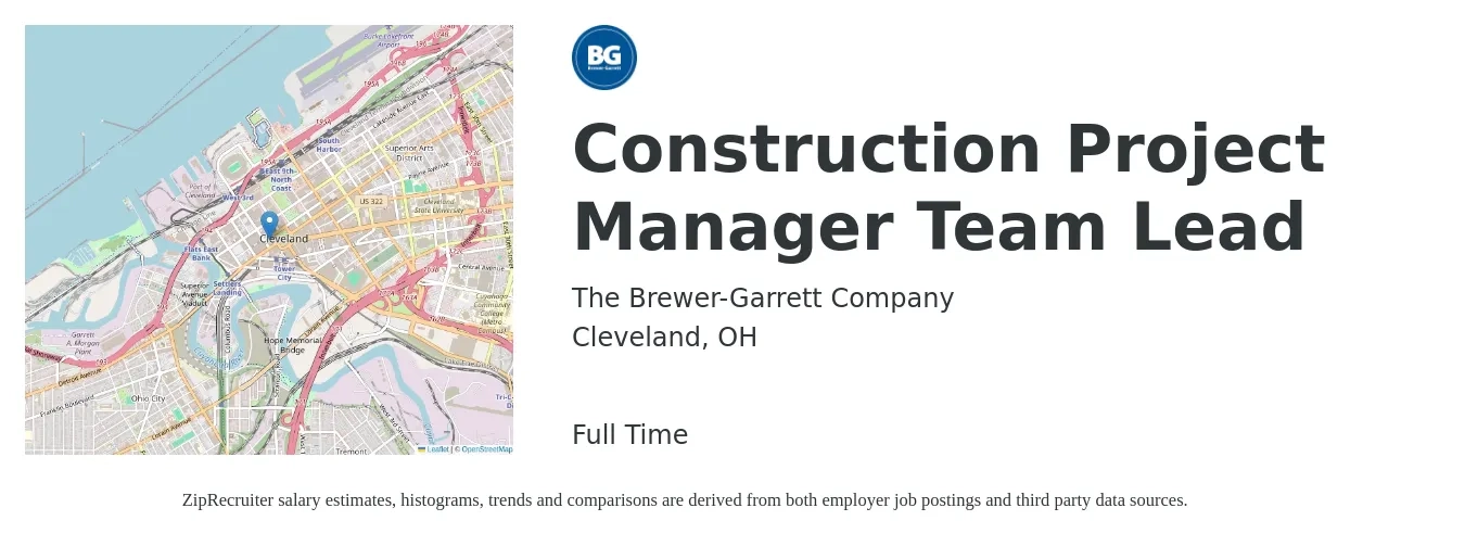 The Brewer-Garrett Company job posting for a Construction Project Manager Team Lead in Cleveland, OH with a salary of $120,000 to $145,000 Yearly with a map of Cleveland location.