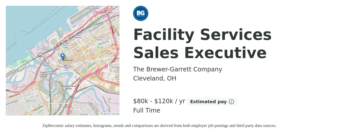 The Brewer-Garrett Company job posting for a Facility Services Sales Executive in Cleveland, OH with a salary of $80,000 to $120,000 Yearly with a map of Cleveland location.