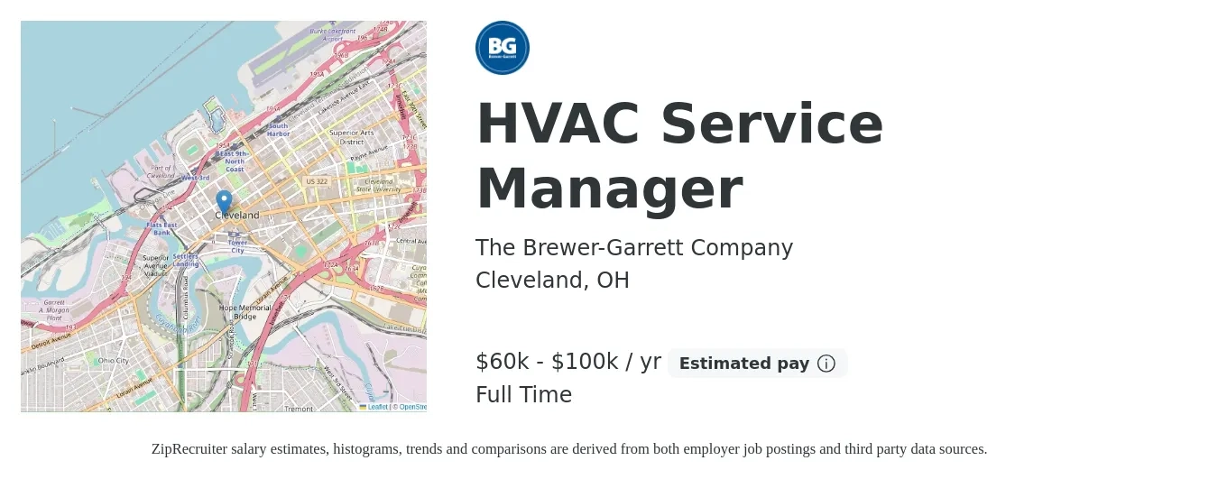 The Brewer-Garrett Company job posting for a HVAC Service Manager in Cleveland, OH with a salary of $60,000 to $100,000 Yearly with a map of Cleveland location.