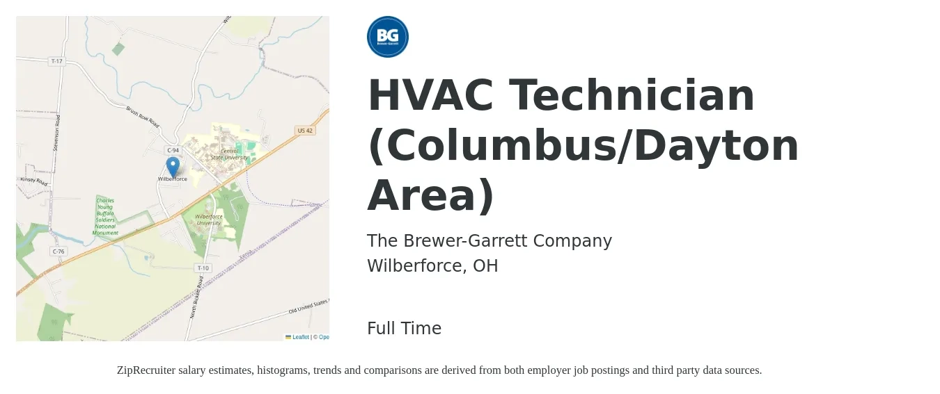 The Brewer-Garrett Company job posting for a HVAC Technician (Columbus/Dayton Area) in Wilberforce, OH with a salary of $20 to $29 Hourly with a map of Wilberforce location.