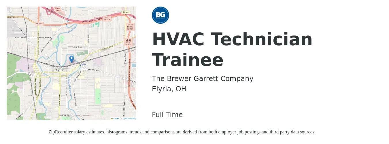The Brewer-Garrett Company job posting for a HVAC Technician Trainee in Elyria, OH with a salary of $27,400 to $38,300 Yearly with a map of Elyria location.