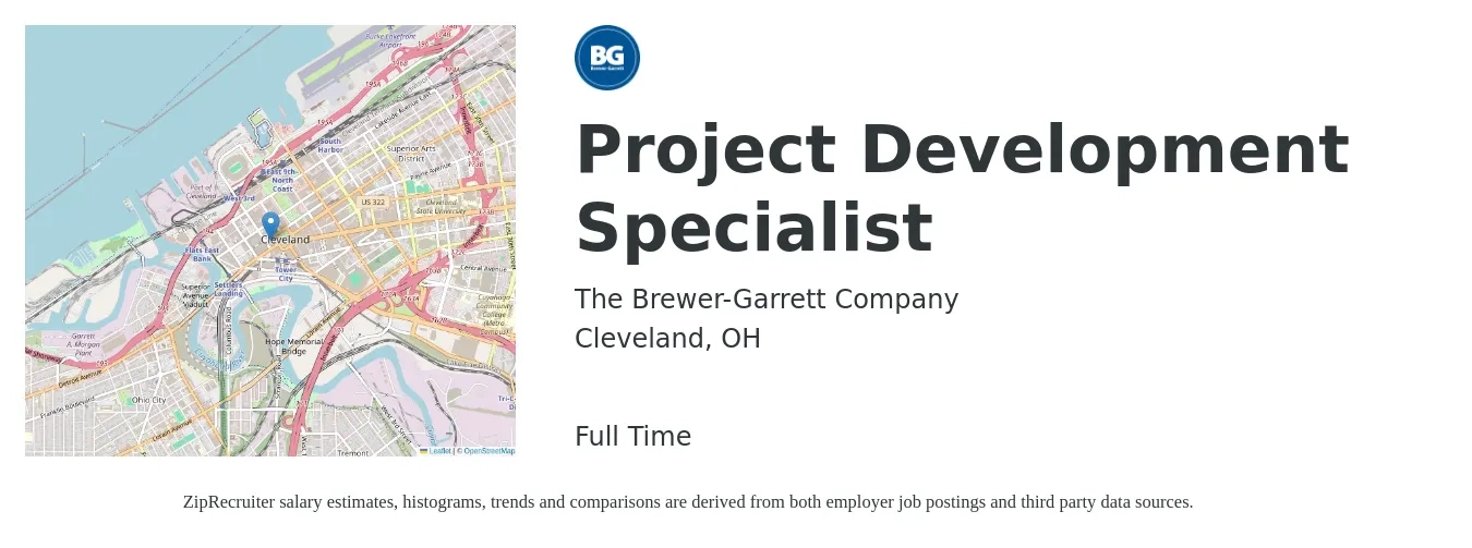 The Brewer-Garrett Company job posting for a Project Development Specialist in Cleveland, OH with a salary of $70,000 to $100,000 Yearly with a map of Cleveland location.