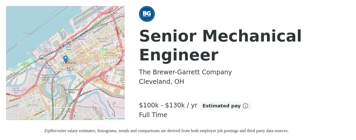 The Brewer-Garrett Company job posting for a Senior Mechanical Engineer in Cleveland, OH with a salary of $100,000 to $130,000 Yearly with a map of Cleveland location.