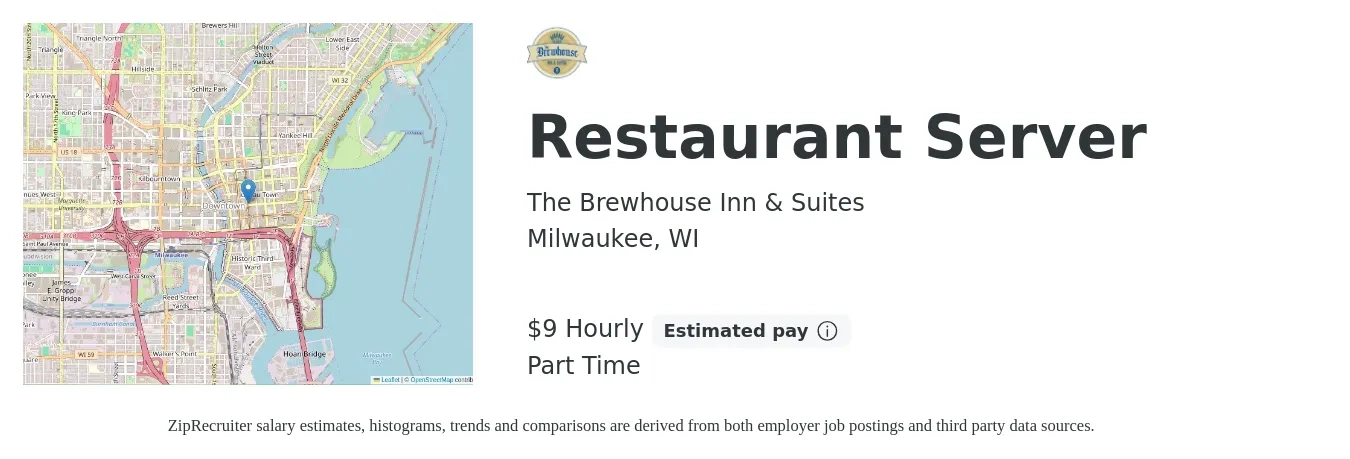The Brewhouse Inn & Suites job posting for a Restaurant Server in Milwaukee, WI with a salary of $10 Hourly with a map of Milwaukee location.