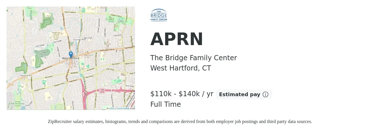 The Bridge Family Center job posting for a APRN in West Hartford, CT with a salary of $110,000 to $140,000 Yearly with a map of West Hartford location.