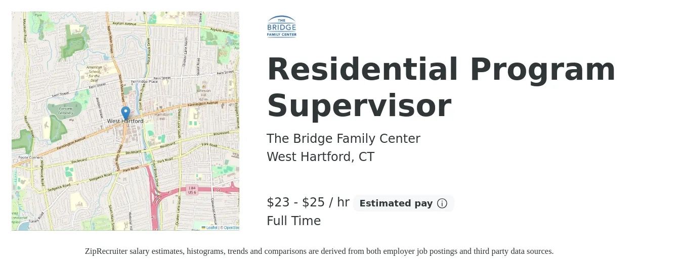 The Bridge Family Center job posting for a Residential Program Supervisor in West Hartford, CT with a salary of $24 to $26 Hourly with a map of West Hartford location.