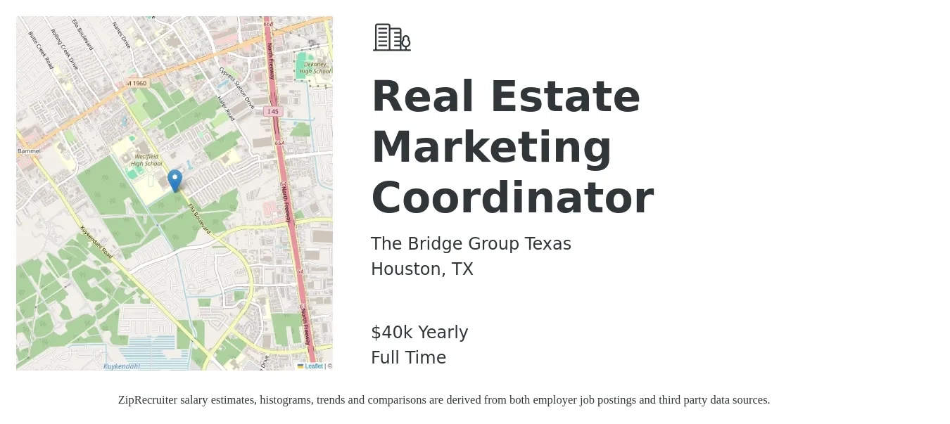 The Bridge Group Texas job posting for a Real Estate Marketing Coordinator in Houston, TX with a salary of $40,000 Yearly with a map of Houston location.
