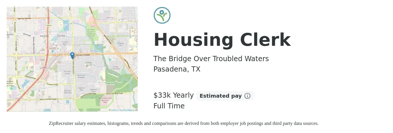 The Bridge Over Troubled Waters job posting for a Housing Clerk in Pasadena, TX with a salary of $33,696 Yearly with a map of Pasadena location.