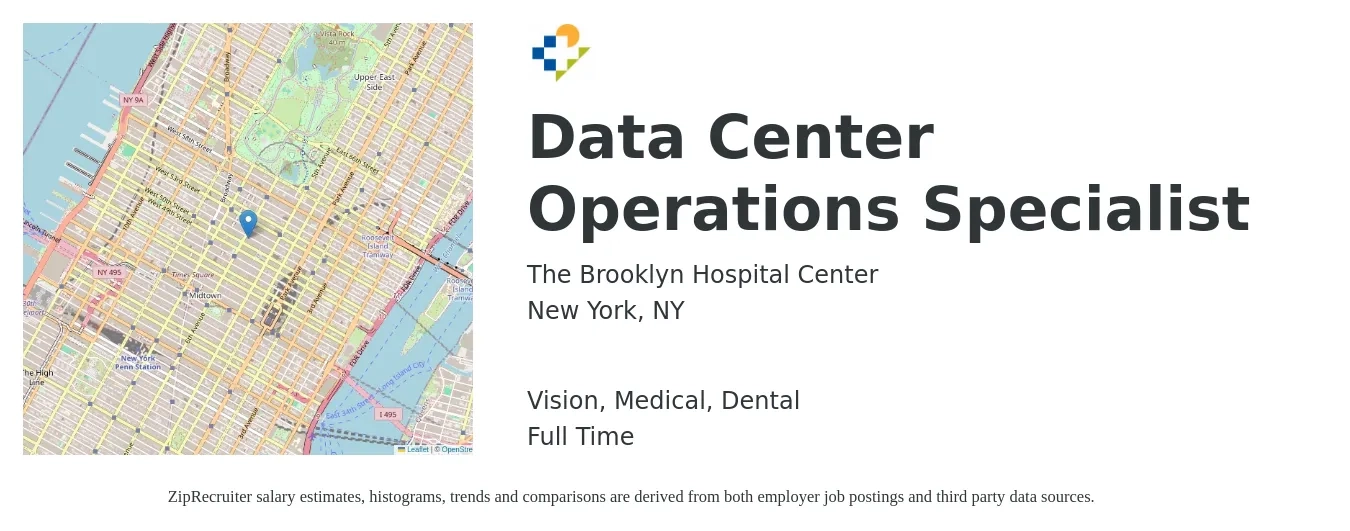The Brooklyn Hospital Center job posting for a Data Center Operations Specialist in New York, NY with a salary of $88,300 to $206,100 Yearly and benefits including life_insurance, medical, retirement, vision, and dental with a map of New York location.