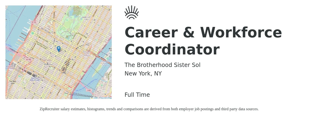 The Brotherhood Sister Sol job posting for a Career & Workforce Coordinator in New York, NY with a salary of $80,000 to $90,000 Yearly with a map of New York location.