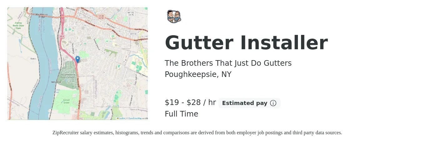 The Brothers That Just Do Gutters job posting for a Gutter Installer in Poughkeepsie, NY with a salary of $20 to $30 Hourly with a map of Poughkeepsie location.