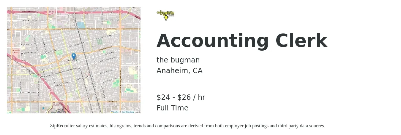 the bugman job posting for a Accounting Clerk in Anaheim, CA with a salary of $25 to $28 Hourly with a map of Anaheim location.