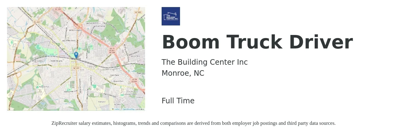The Building Center Inc job posting for a Boom Truck Driver in Monroe, NC with a salary of $22 to $26 Hourly with a map of Monroe location.