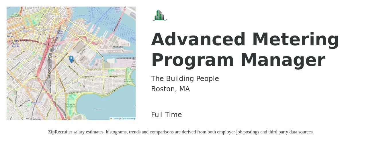 The Building People job posting for a Advanced Metering Program Manager in Boston, MA with a salary of $86,100 to $143,500 Yearly with a map of Boston location.