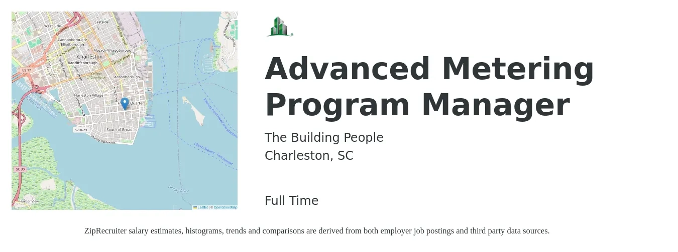 The Building People job posting for a Advanced Metering Program Manager in Charleston, SC with a salary of $68,000 to $113,300 Yearly with a map of Charleston location.