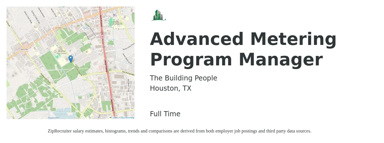 The Building People job posting for a Advanced Metering Program Manager in Houston, TX with a salary of $75,900 to $126,500 Yearly with a map of Houston location.