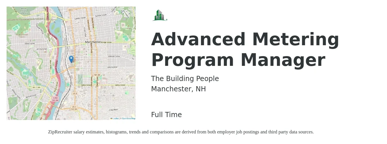The Building People job posting for a Advanced Metering Program Manager in Manchester, NH with a salary of $79,200 to $131,900 Yearly with a map of Manchester location.