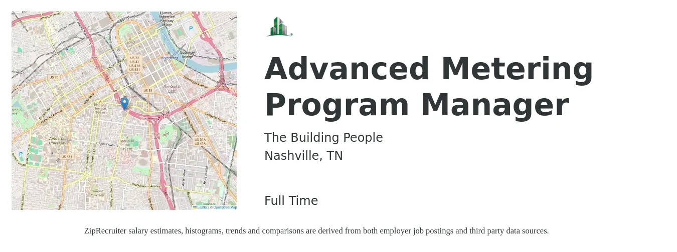 The Building People job posting for a Advanced Metering Program Manager in Nashville, TN with a salary of $76,800 to $128,000 Yearly with a map of Nashville location.