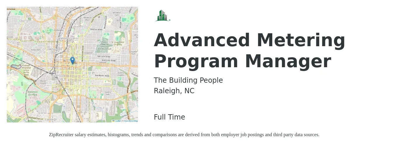 The Building People job posting for a Advanced Metering Program Manager in Raleigh, NC with a salary of $77,300 to $128,800 Yearly with a map of Raleigh location.